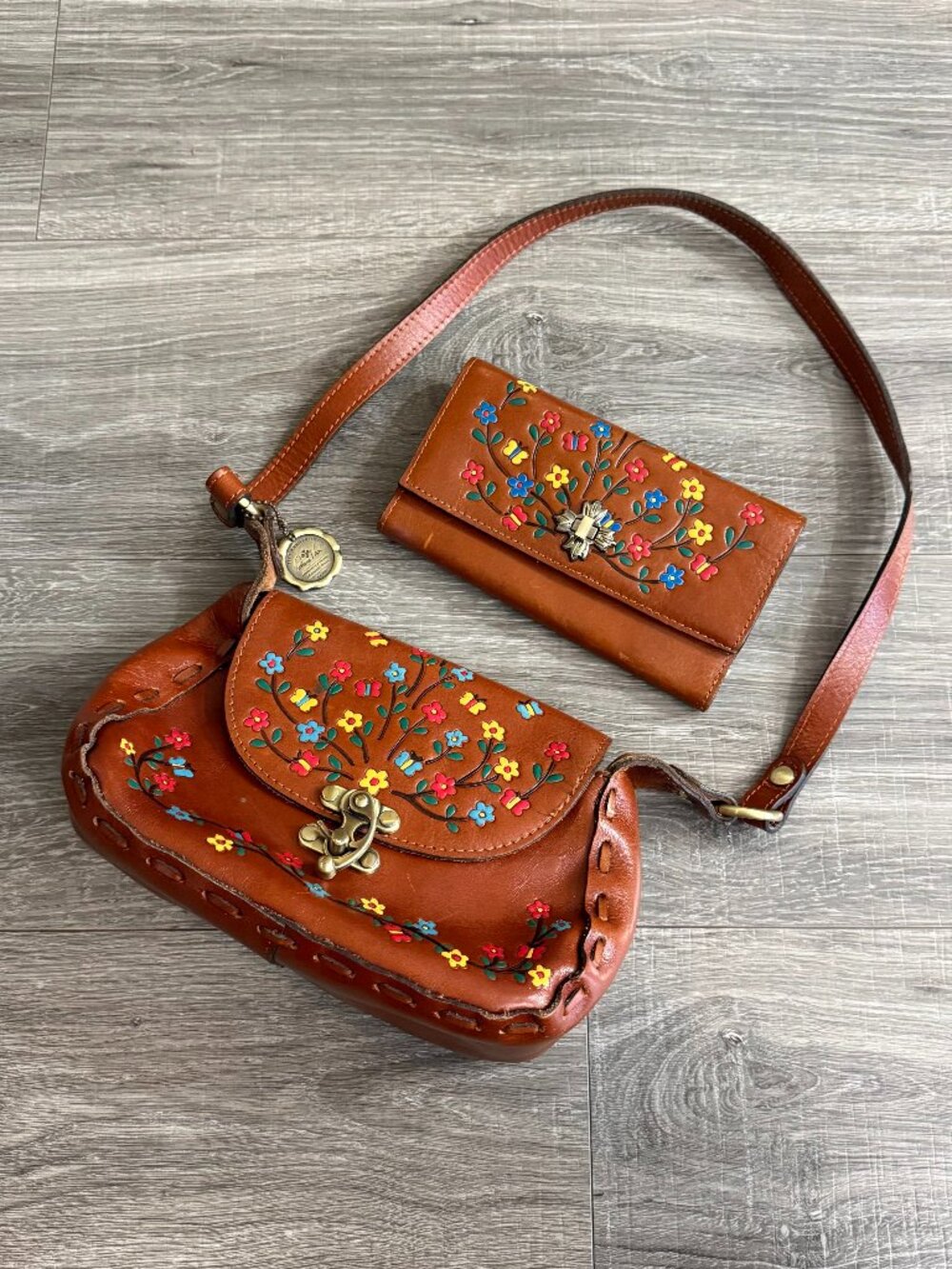 Patricia Nash Floral Embossed Micaela Brown Leather Crossbody Bag Wallet Set
